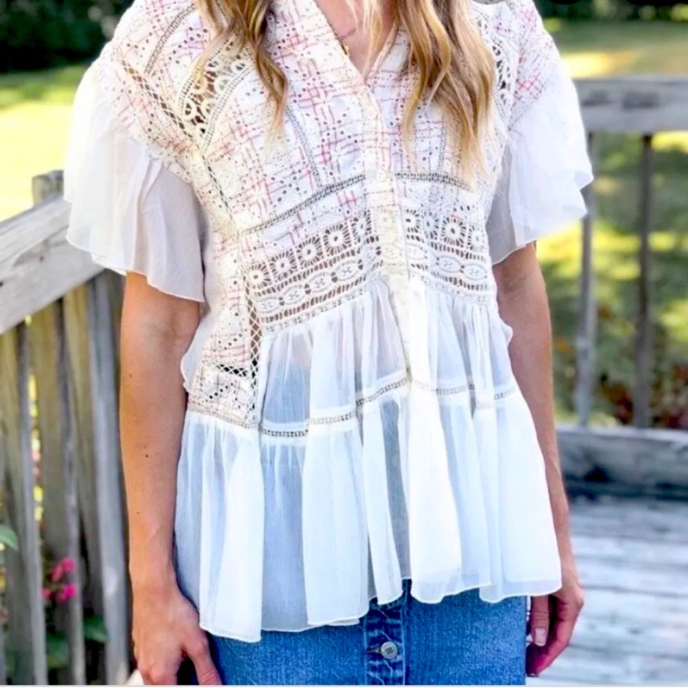 Anthropologie Akemi + Kin Boho Eyelet Ruffle Top - Picture 3 of 13